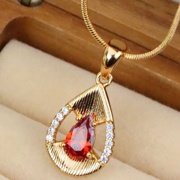 "Teardrop Red Pendant with Crystals and Gold Plated Finish, XPPT1692 - Picture 1 of 13